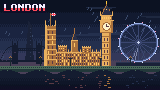 London by night, with Big Ben and the Eye, in pixel art