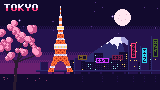 Tokyo at night, with Tokyo Tower and Mount Fuji, in pixel art